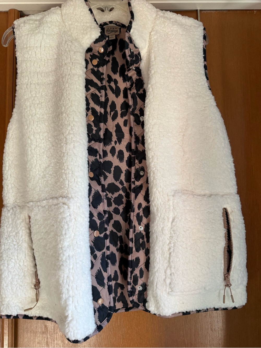 Como Vintage Sherpa Leopard Print Vest Cream Size L